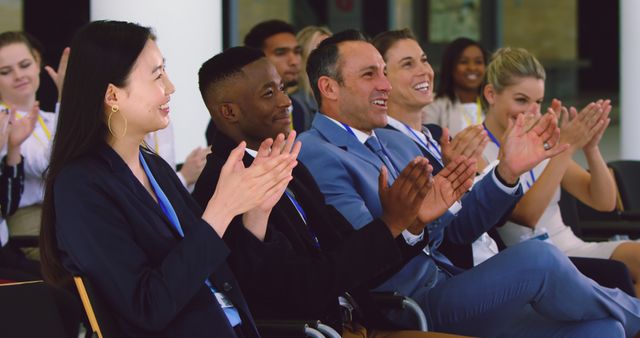 Business professionals of various ethnic backgrounds attending conference and applauding. Ideal for use in promoting corporate events, seminars, professional training sessions, teamwork, and multicultural workplace environments.