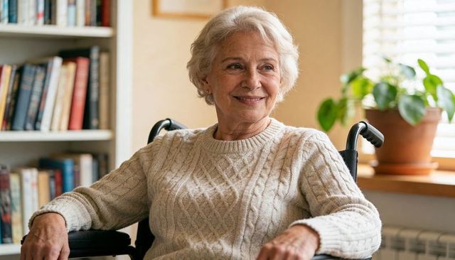 Senior woman in wheelchair smiling in sunlit cozy home with bookshelf and indoor plant