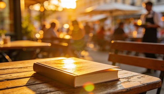 Golden-hour hardcover book resting on weathered cafe table with urban terrace warm bokeh