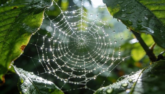 Glistening orb web catching morning sunlight, holding dew between glossy green leaves