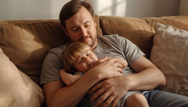 Dad cuddling young son on couch in warm sunlight, tender cozy family moment at home