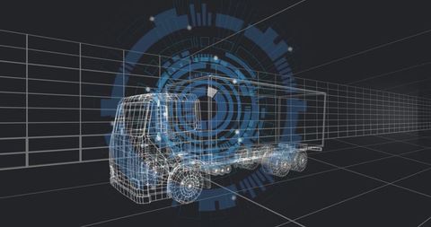 Wireframe tractor-trailer with digital hud overlay for autonomous trucking telematics simulation