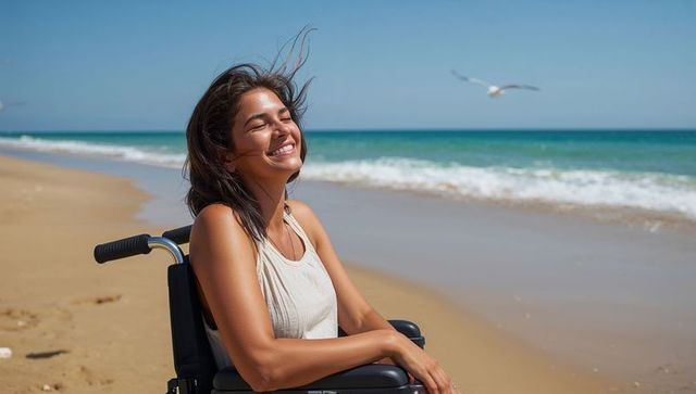 Smiling woman in wheelchair enjoying sunny beach with seagull and ocean horizon