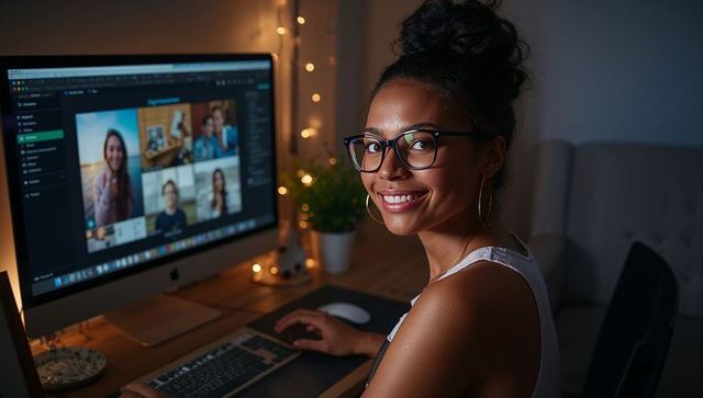Smiling woman working late on desktop during virtual meeting with cozy home office lights