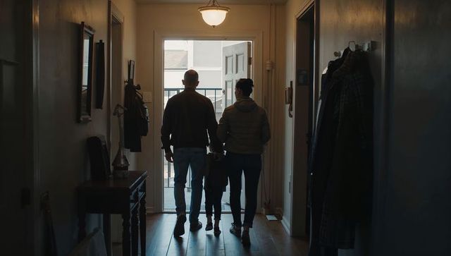 Backlit family walking toward open front door in dim hallway, parents holding child