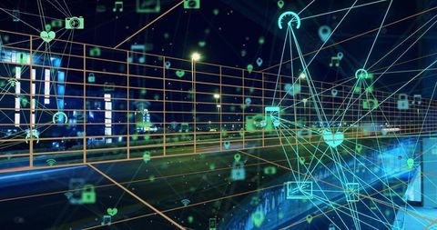 Futuristic digital network overlay on urban highway at night