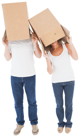 Mature couple wearing large boxes with transparent background