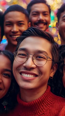 Smiling man leaning for closeup selfie at festive party with warm bokeh lights