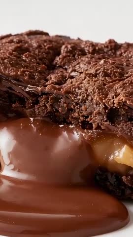 Vertical video pouring glossy chocolate ganache over gooey caramel brownie closeup