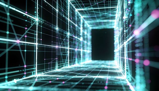 Glowing cyan-magenta wireframe tunnel receding into dark void with neon grid nodes