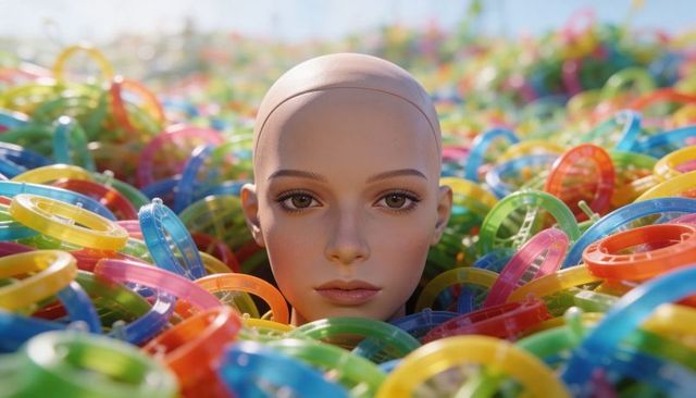 Bald realistic mannequin head emerging from sea of colorful translucent plastic rings closeup
