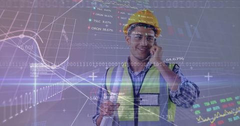 Caucasian Male Worker on Phone with Financial Data Overlay - Download Free Stock Images Pikwizard.com