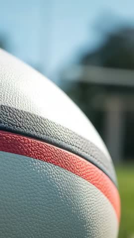 Rotating textured basketball on lawn with hoop pole silhouette vertical video and copy space