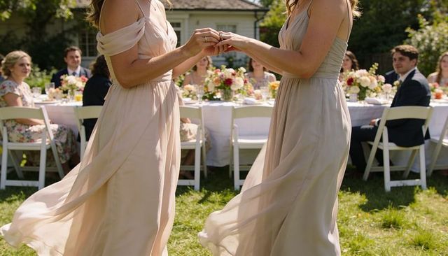 Two brides exchanging rings backyard garden wedding reception long banquet table