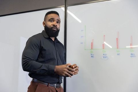 Professional Man Presenting Data on Whiteboard for Corporate Analysis