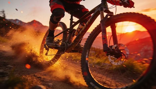 Riding mountain bike through dusty sunset trail, kicking glowing dust on downhill adventure
