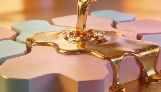 Pouring golden molten metal over pastel puzzle tiles forming glossy reflective ripples
