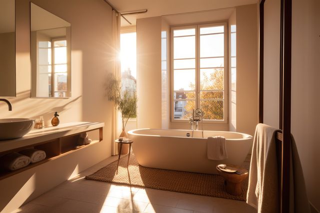 Sunny modern bathroom with french windows and view to street, created using generative ai technology - Download Free Stock Photos Pikwizard.com