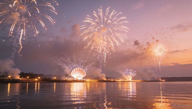 Fireworks illuminating lakeshore at dusk with giant shell sculpture and water reflections