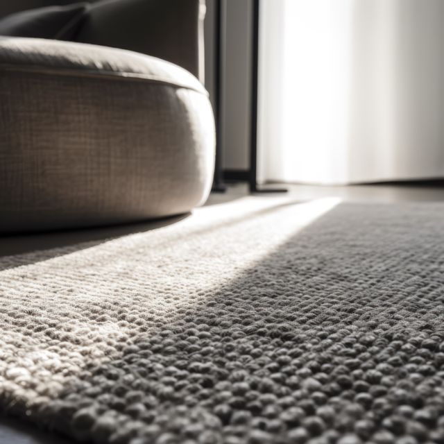 Close up of grey rectangular rug on floor in bedroom, created using generative ai technology. House interior design, decorations and textile concept digitally generated image.