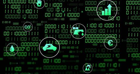 Visualizing green finance data network with binary code, sustainability icons and glyphs