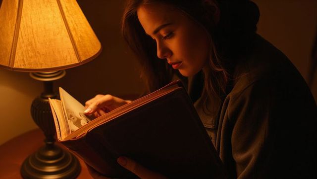 Young woman reading hardback book by lamp discovering vintage black and white photographs