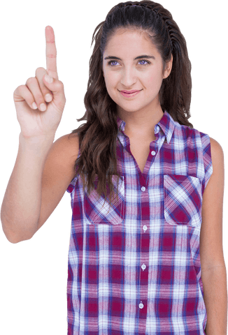 Smiling Brunette Pointing at Transparent Space Isolated