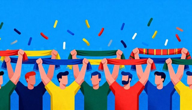 Fans cheering and raising scarves in stadium, colorful confetti celebrating victory