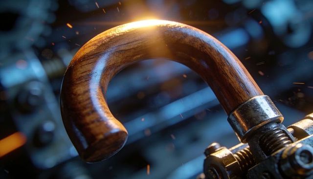 Polished curved wood handle clamped in metal ferrule with industrial sparks