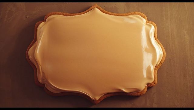 Ornate sugar cookie with smooth beige icing on wooden counter