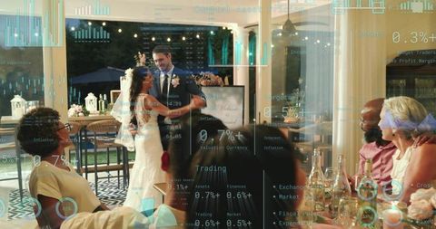 Bride and groom dancing at elegant evening reception with financial data overlay