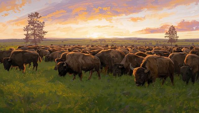 Grazing american bison herd on golden sunset prairie with wildflowers, painterly landscape