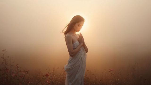 Woman praying in misty meadow at sunrise wrapped in white cloth embracing quiet solitude