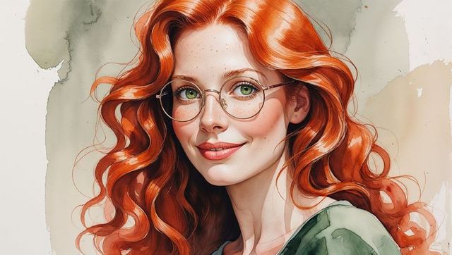 Elegant Redhead Woman with Glasses on Watercolor Background