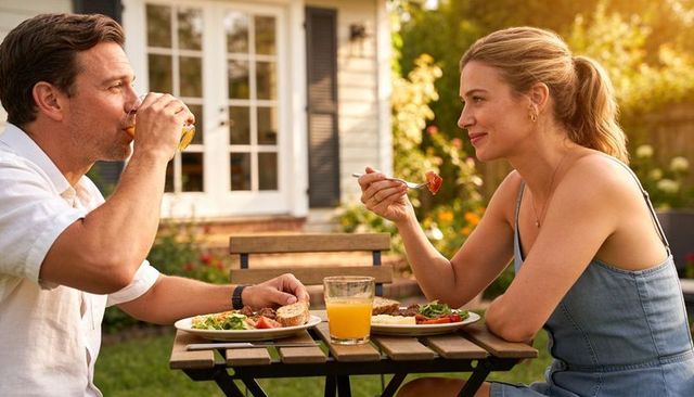 Couple enjoying sunlit backyard breakfast at bistro table with orange juice and salad
