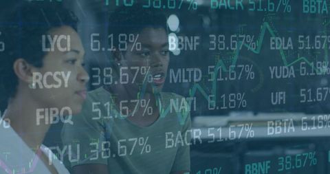 Diverse Team Collaborating with Stock Market Interface Overlay - Download Free Stock Images Pikwizard.com