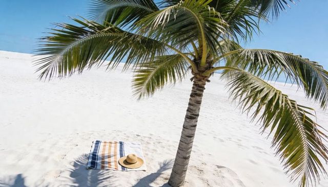 Tropical palm shade on pristine white sand with striped towel and straw hat