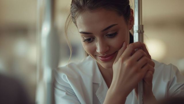 Young woman smiling holding pole on commuter train close-up portrait of calm warm tones