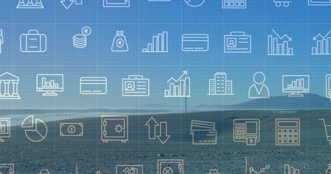 Overlaying finance icons on calm coastal horizon creating minimalist analytics background