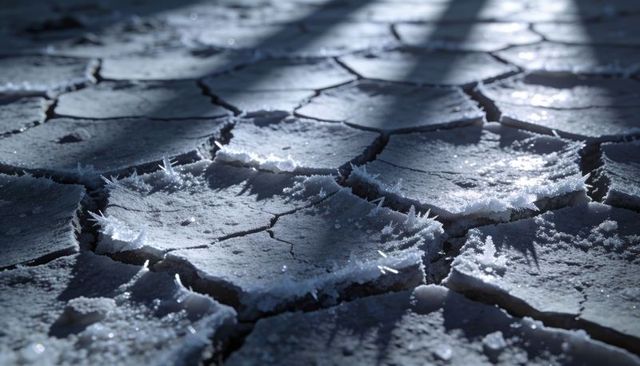 Frosted salt crust glinting on cracked polygonal salt flat at dawn with hoar frost
