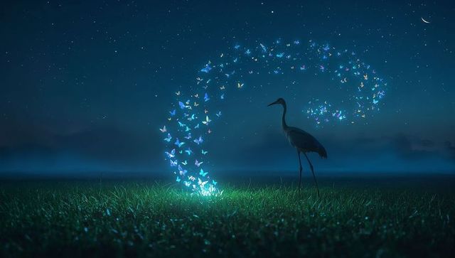 Nocturnal heron silhouette gazing at bioluminescent butterfly arc over dew-covered meadow moonlit