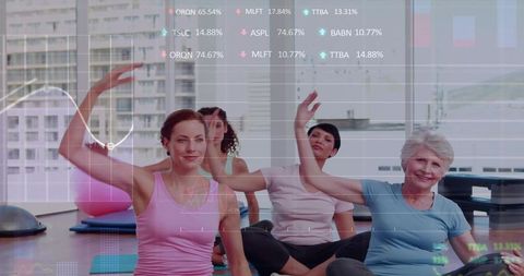Multigenerational Women Stretching Together in Bright Urban Yoga Studio with Data Overlay