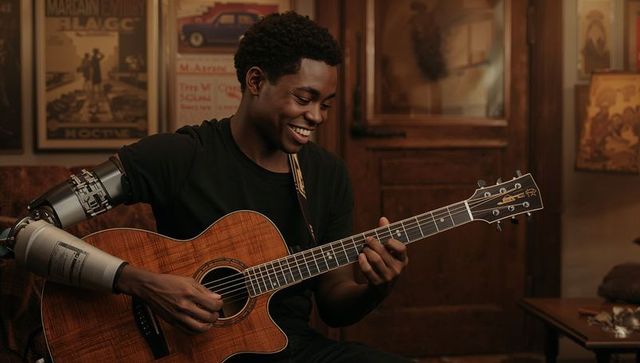 Smiling musician playing acoustic guitar with prosthetic forearm in cozy vintage room