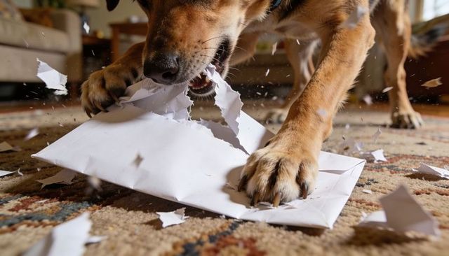 Medium tan dog tearing envelope on patterned rug, paper scattered across living room