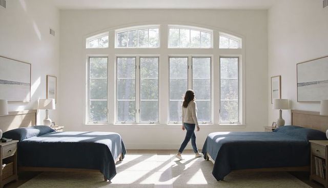 Woman walking across sunlit minimalist bedroom toward large arched window with twin beds