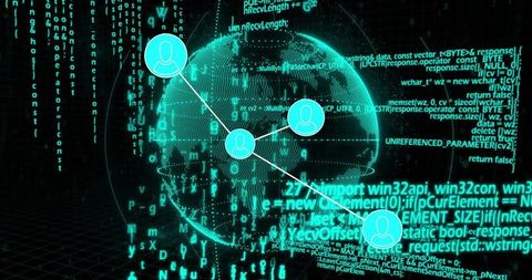 Glowing Digital Globe Connecting Network Nodes with Avatar Icons Cyber Data Visualization