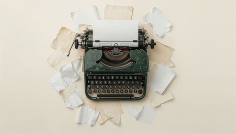 Vintage typewriter surrounded by crumpled pages