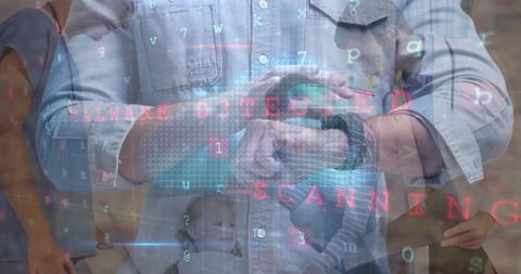 Technological connectivity and cybersecurity concept with facial code overlay