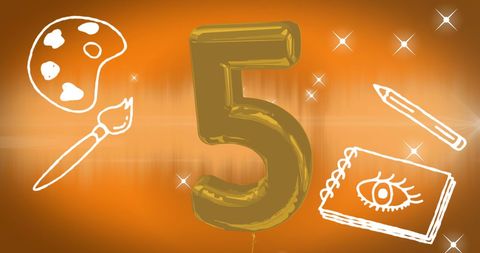 Educational creativity concept with art tools and number five