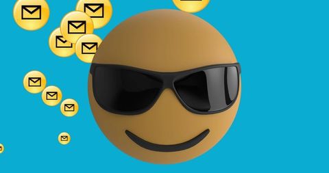 Cool emoji with sunglasses amongst email icons on blue background